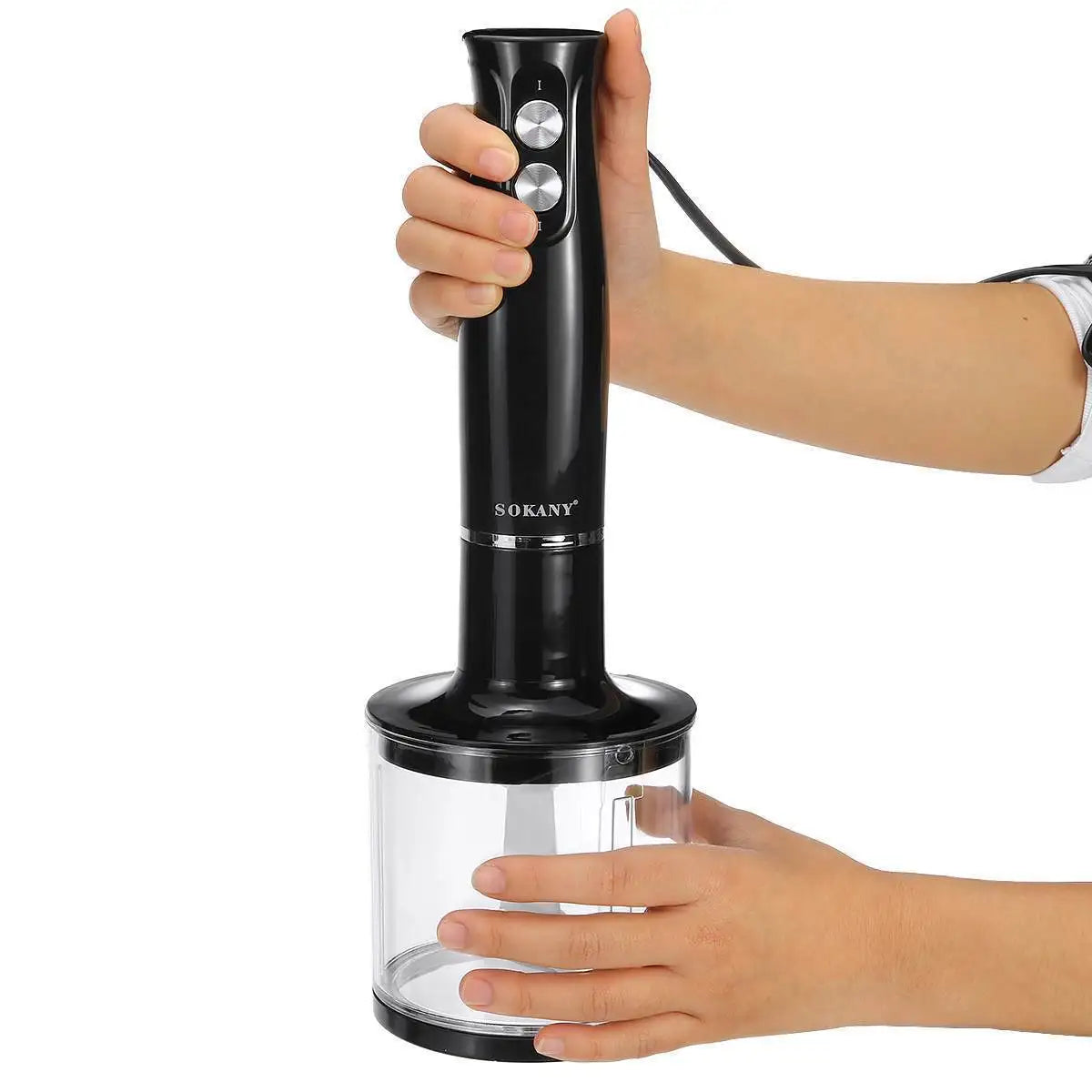 Batidora de cocina portátil cuatro en uno diseñada para uso doméstico con picadora de carne, batidor de huevos y varilla para mezclar papillas de bebé.