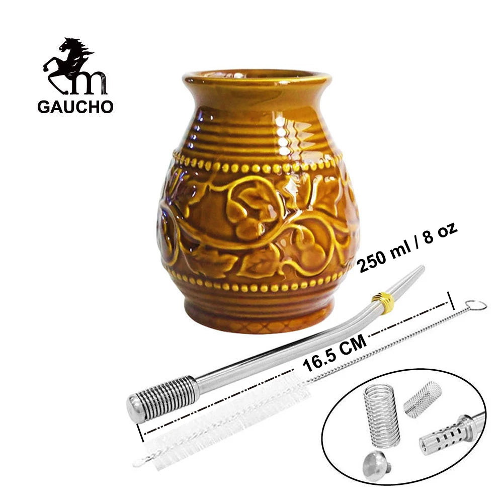 1 juego/lote de tazas de cerámica para yerba mate de 250 ml con relieve de calabaza. Incluye bombilla, filtro, pajita y cepillo de limpieza. ¡Gran oferta!