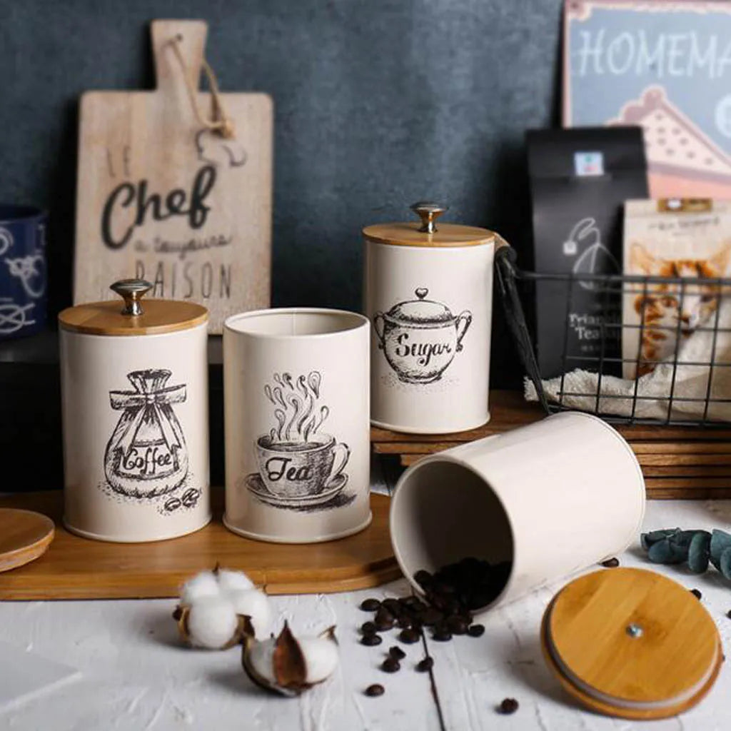 3 botes de estilo vintage para té, café y azúcar, de metal blanco retro, ideales para la cocina.