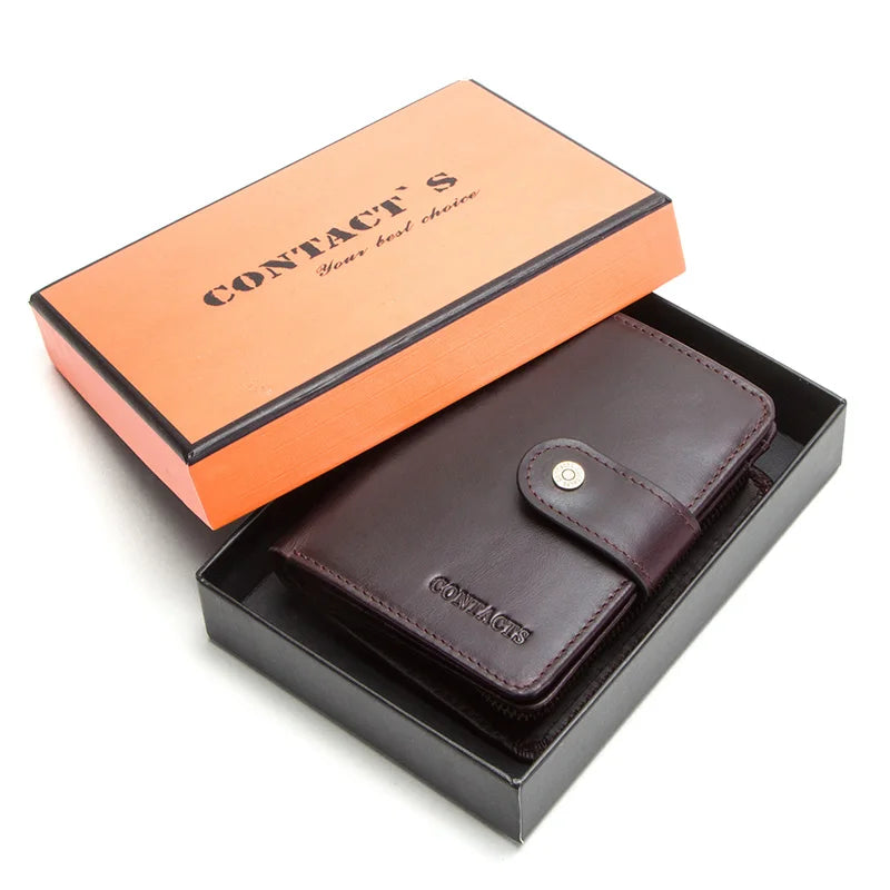 Carteras de cuero genuino Contact'S para mujer y hombre, cartera corta pequeña con bloqueo RFID, tarjetero, monedero rojo para mujer