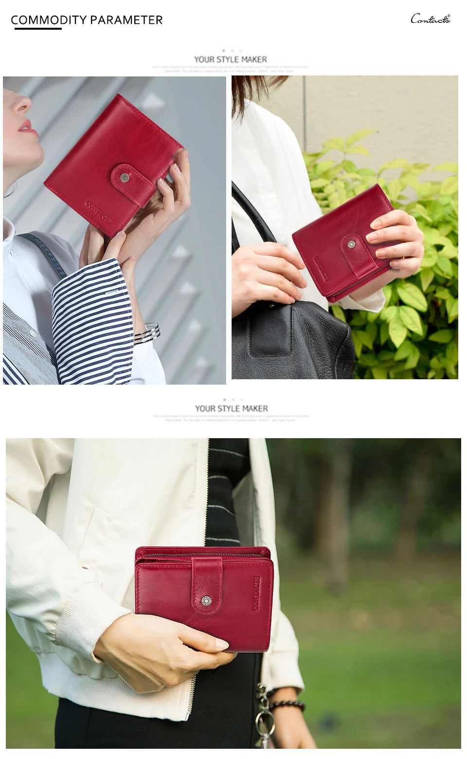 Carteras de cuero genuino Contact'S para mujer y hombre, cartera corta pequeña con bloqueo RFID, tarjetero, monedero rojo para mujer