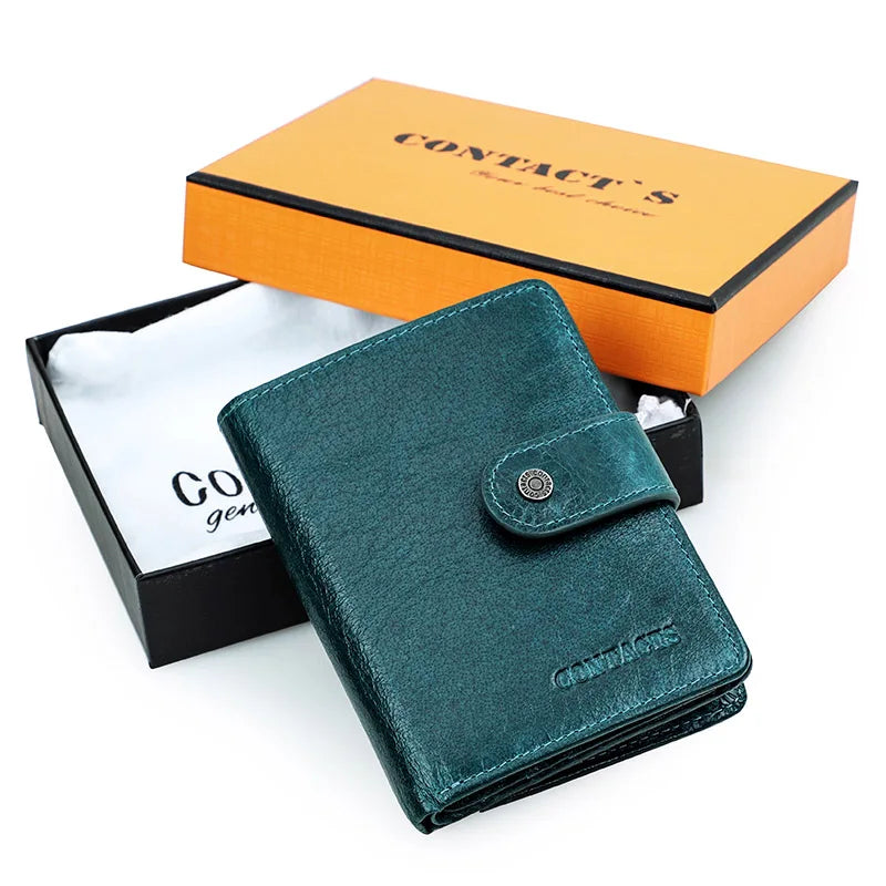 Carteras de cuero genuino Contact'S para mujer y hombre, cartera corta pequeña con bloqueo RFID, tarjetero, monedero rojo para mujer
