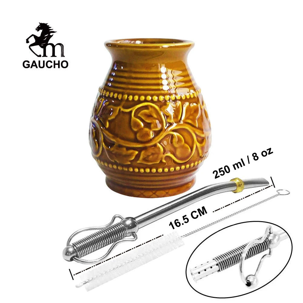 1 juego/lote de tazas de cerámica para yerba mate de 250 ml con relieve de calabaza. Incluye bombilla, filtro, pajita y cepillo de limpieza. ¡Gran oferta!
