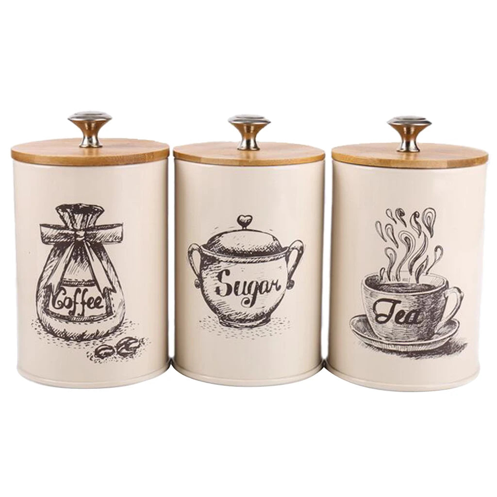 3 botes de estilo vintage para té, café y azúcar, de metal blanco retro, ideales para la cocina.