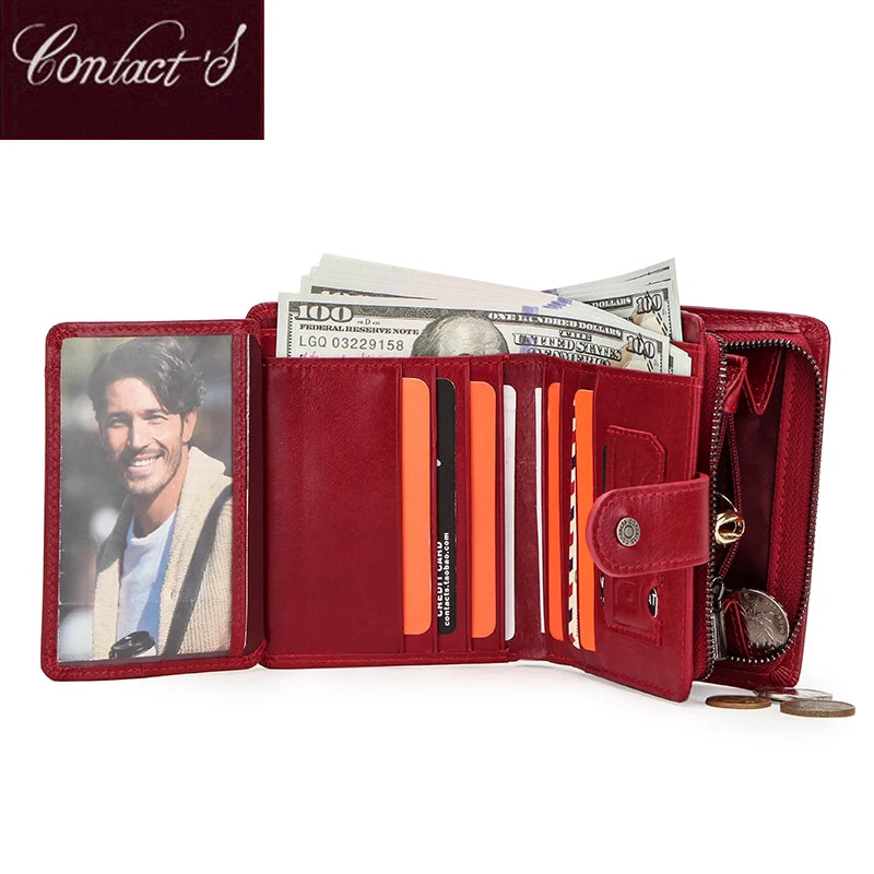 Carteras de cuero genuino Contact'S para mujer y hombre, cartera corta pequeña con bloqueo RFID, tarjetero, monedero rojo para mujer