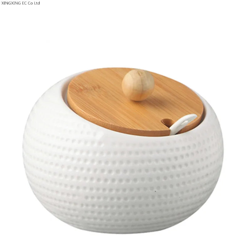 Utensilios de cocina: salero, azucarero con cuchara, tarro de cerámica blanca para condimentos, aceitera, caja para condimentos, herramienta de almacenamiento de cocina.