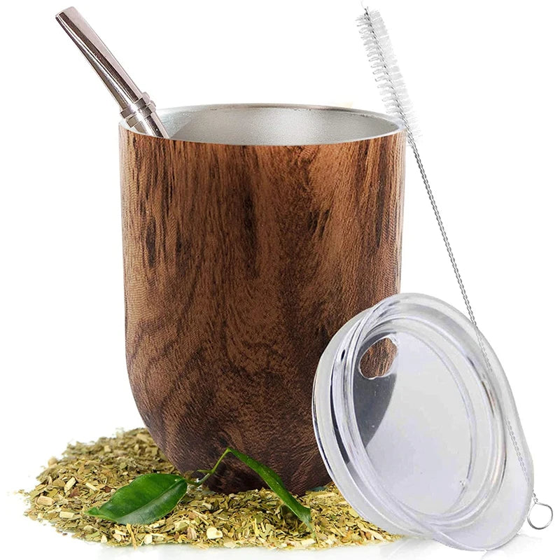 Juego de taza de yerba mate de calabaza de 355 ml, taza de café/agua de acero inoxidable de doble pared con tapa, 1 bombilla, pajitas, filtro, cuchara y cepillo.