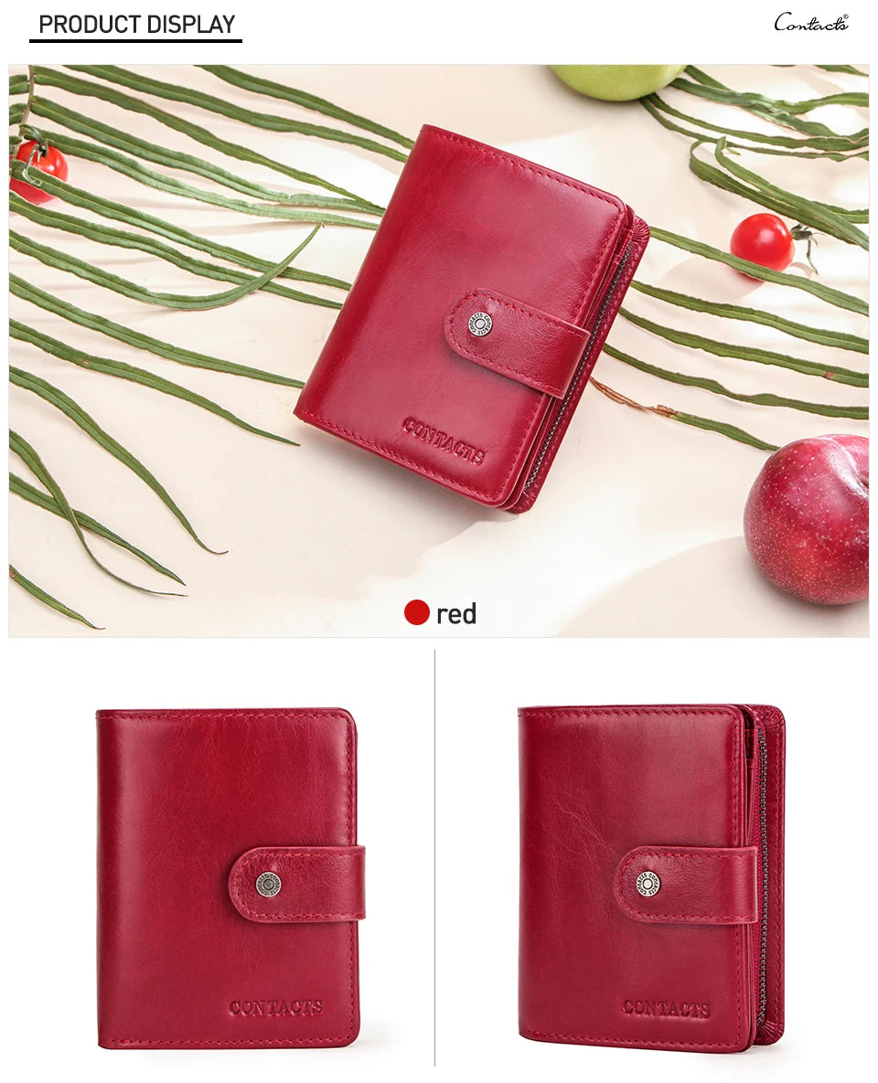 Carteras de cuero genuino Contact'S para mujer y hombre, cartera corta pequeña con bloqueo RFID, tarjetero, monedero rojo para mujer