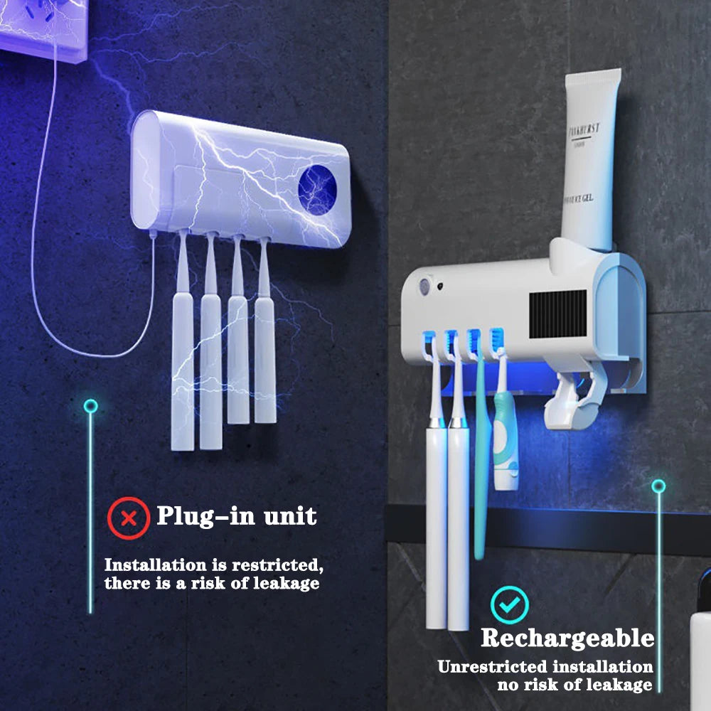 Soporte para cepillos de dientes, dispensador de pasta de dientes, energía solar, caja de almacenamiento para cepillos de dientes de baño, soporte de almacenamiento multifunción, carga USB.