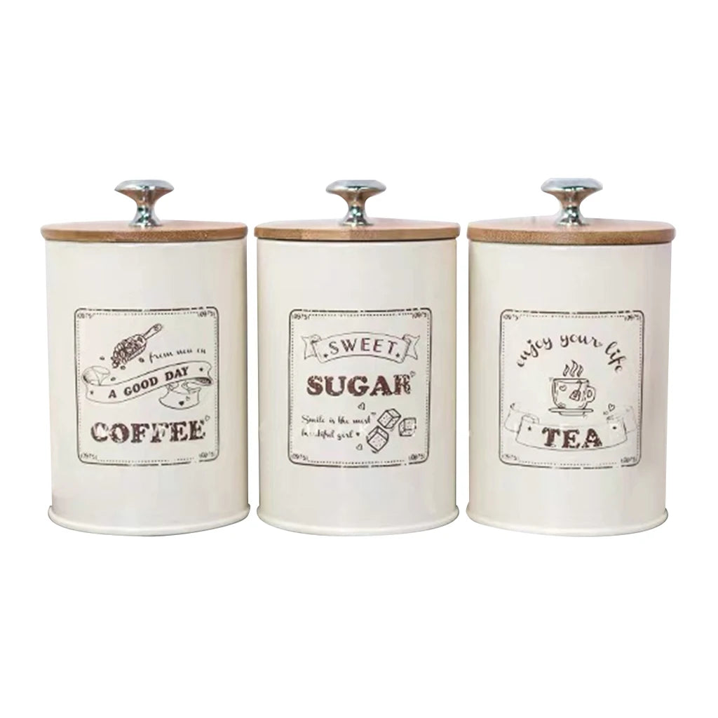 3 botes de estilo vintage para té, café y azúcar, de metal blanco retro, ideales para la cocina.