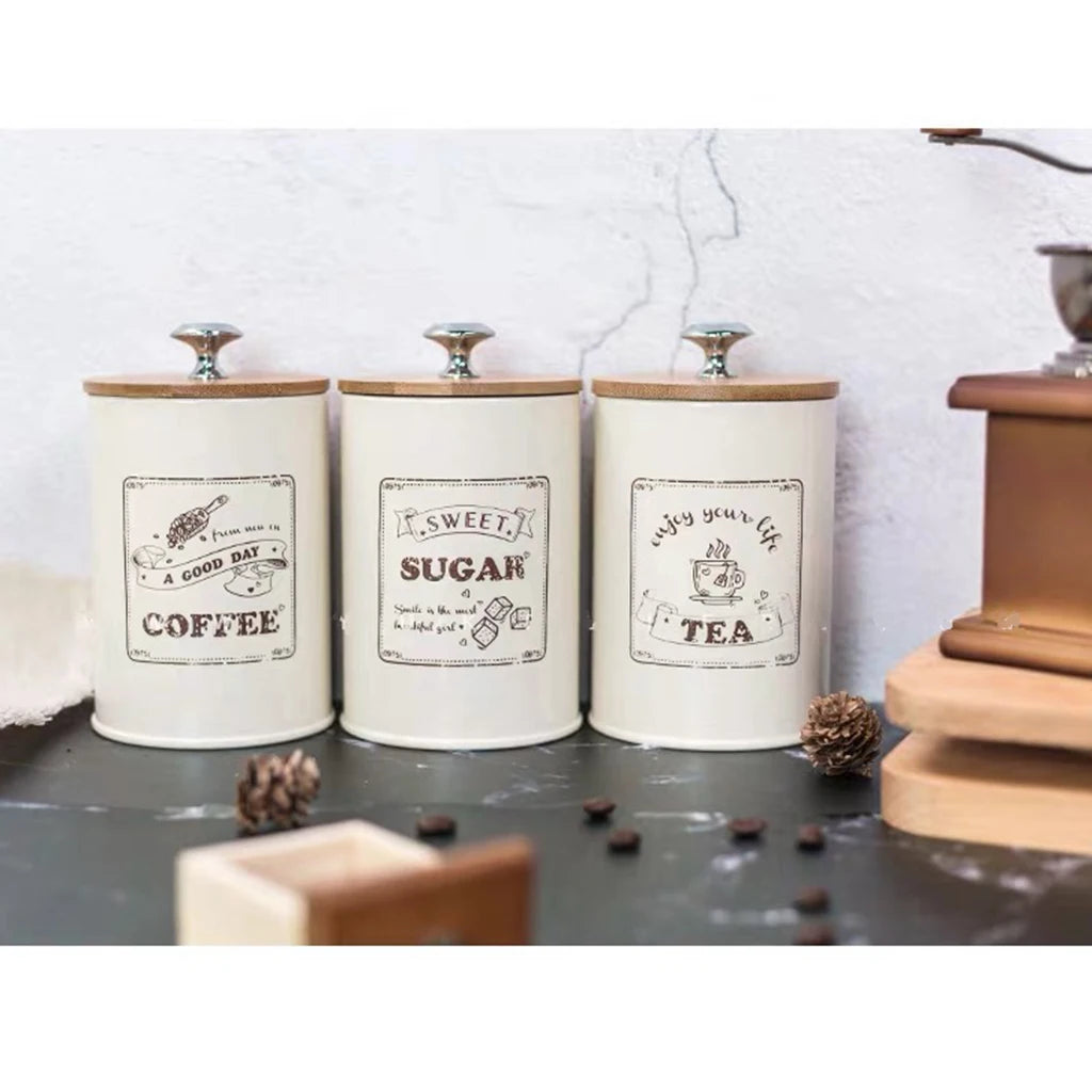 3 botes de estilo vintage para té, café y azúcar, de metal blanco retro, ideales para la cocina.
