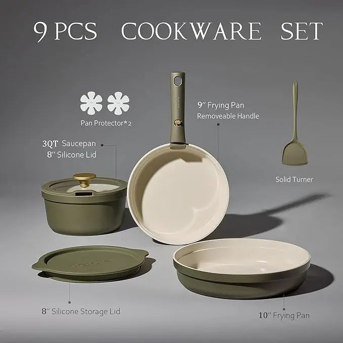 Geling Proveedor chino Juego de utensilios de cocina de cerámica antiadherente de lujo moderno de 9 piezas Juego de utensilios de cocina verde personalizado de moda