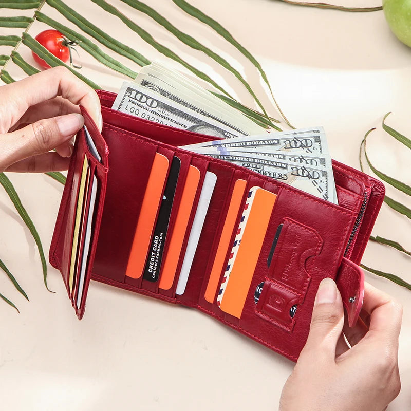 Carteras de cuero genuino Contact'S para mujer y hombre, cartera corta pequeña con bloqueo RFID, tarjetero, monedero rojo para mujer