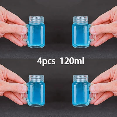 Juego de 4 mini vasos de cristal tipo tarro Mason con asas de cristal, ideales para beber whisky.