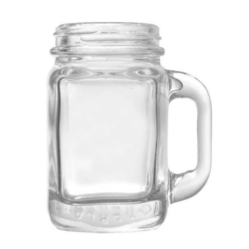 Juego de 4 mini vasos de cristal tipo tarro Mason con asas de cristal, ideales para beber whisky.