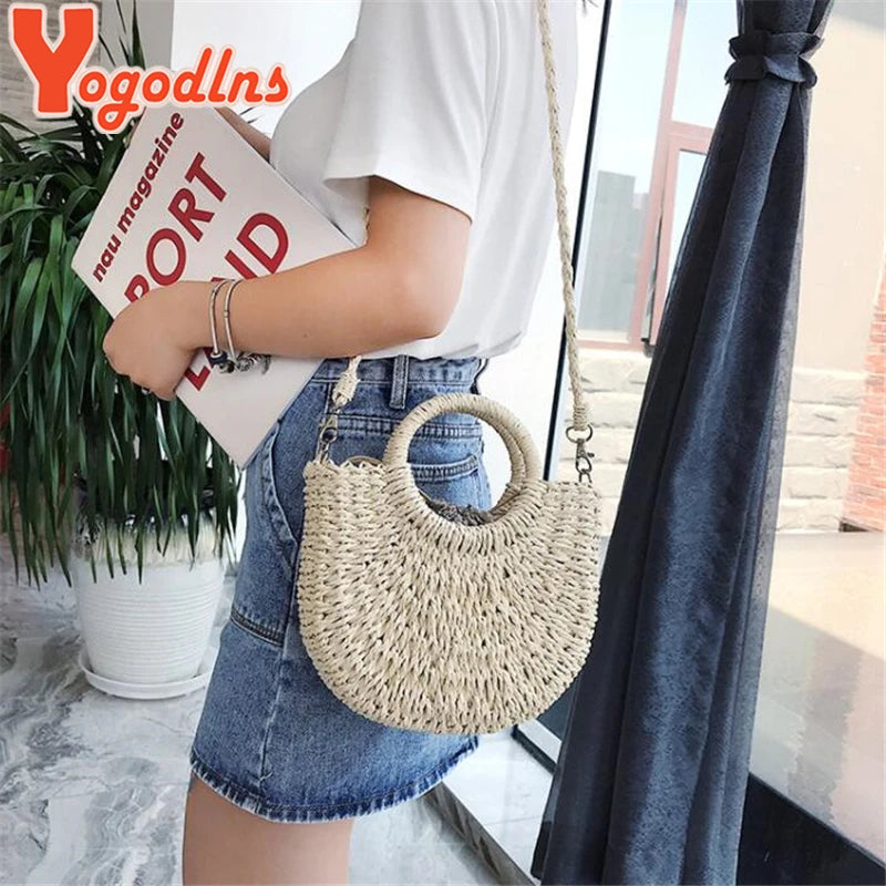 Bolso de paja tejido de ratán semicircular hecho a mano Yogodlns, bolso bandolera de verano para mujer, bolso pequeño de playa para niñas, nuevo.