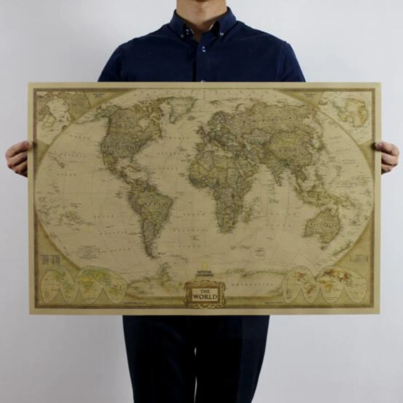 Póster de mapa del mundo de gran tamaño, estilo vintage, papel kraft, póster retro, decoración del hogar, 71*46,5 cm (28*18 pulgadas), Mapa del mundo
