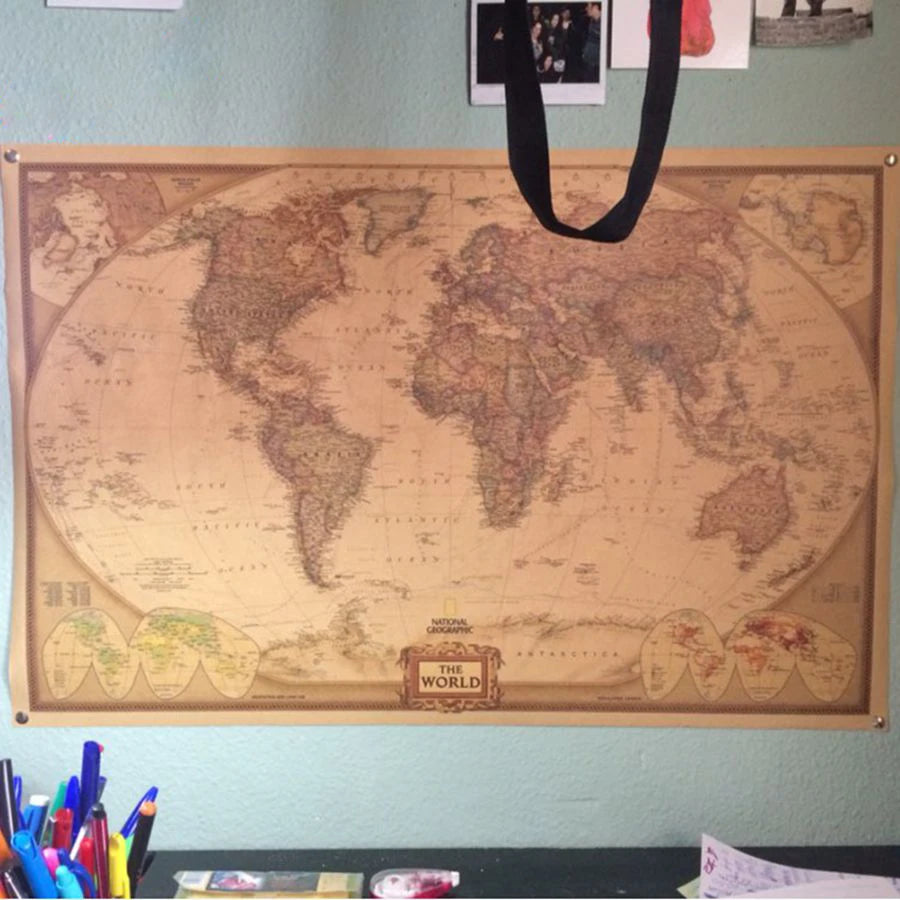 Póster de mapa del mundo de gran tamaño, estilo vintage, papel kraft, póster retro, decoración del hogar, 71*46,5 cm (28*18 pulgadas), Mapa del mundo