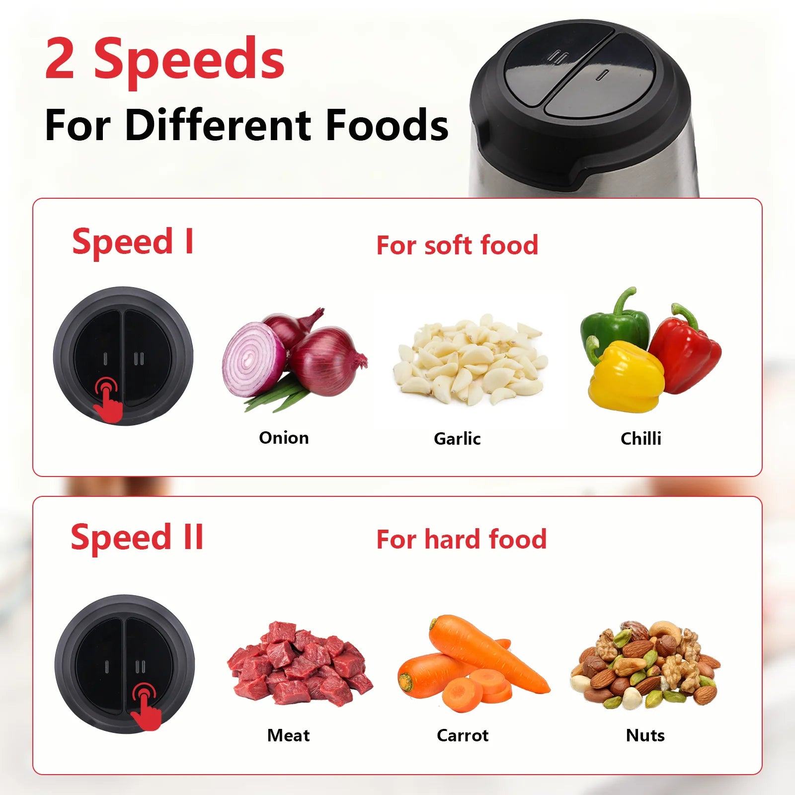 Procesador de alimentos de 2 velocidades, picadora de carne con 2 recipientes para carne, frutas, verduras, comida para bebés, frutos secos,