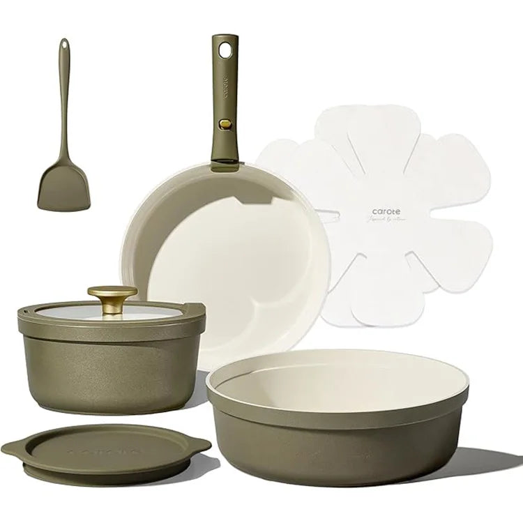 Geling Proveedor chino Juego de utensilios de cocina de cerámica antiadherente de lujo moderno de 9 piezas Juego de utensilios de cocina verde personalizado de moda
