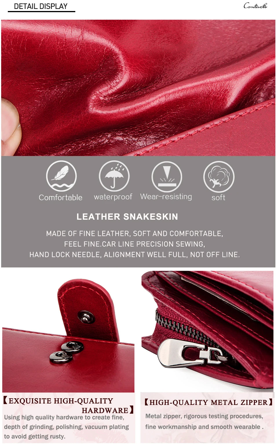 Carteras de cuero genuino Contact'S para mujer y hombre, cartera corta pequeña con bloqueo RFID, tarjetero, monedero rojo para mujer
