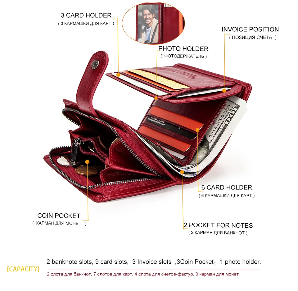 Carteras de cuero genuino Contact'S para mujer y hombre, cartera corta pequeña con bloqueo RFID, tarjetero, monedero rojo para mujer