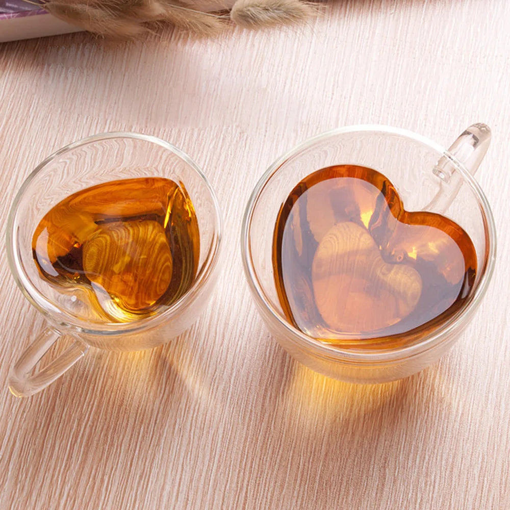 Taza de té/cerveza con forma de corazón de 180 ml/240 ml, taza de zumo/café, taza de regalo, taza de vidrio de doble capa resistente al calor.