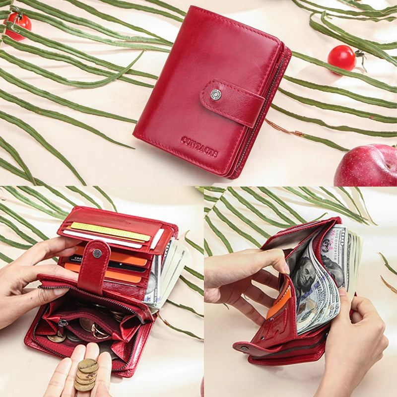 Carteras de cuero genuino Contact'S para mujer y hombre, cartera corta pequeña con bloqueo RFID, tarjetero, monedero rojo para mujer