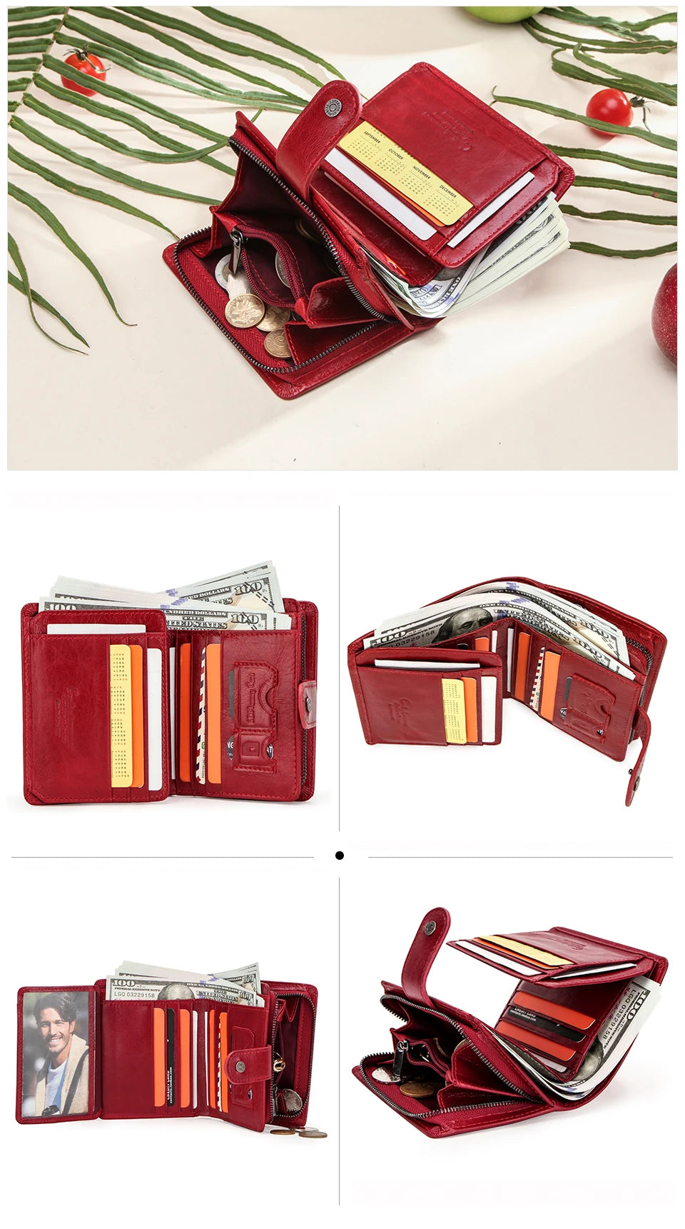 Carteras de cuero genuino Contact'S para mujer y hombre, cartera corta pequeña con bloqueo RFID, tarjetero, monedero rojo para mujer