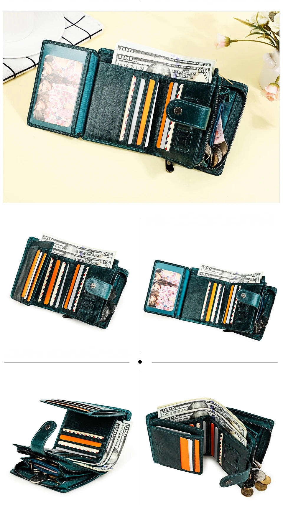 Carteras de cuero genuino Contact'S para mujer y hombre, cartera corta pequeña con bloqueo RFID, tarjetero, monedero rojo para mujer
