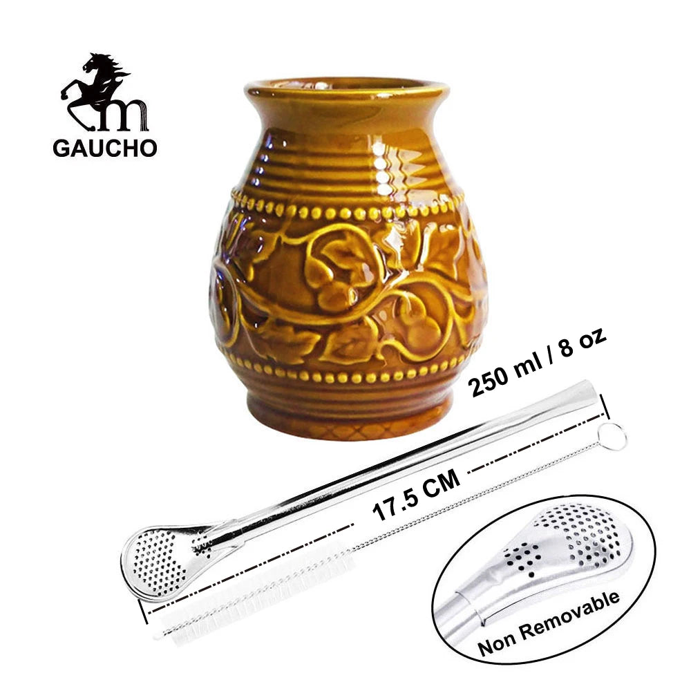 1 juego/lote de tazas de cerámica para yerba mate de 250 ml con relieve de calabaza. Incluye bombilla, filtro, pajita y cepillo de limpieza. ¡Gran oferta!