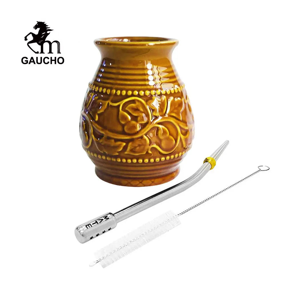 1 juego/lote de tazas de cerámica para yerba mate de 250 ml con relieve de calabaza. Incluye bombilla, filtro, pajita y cepillo de limpieza. ¡Gran oferta!