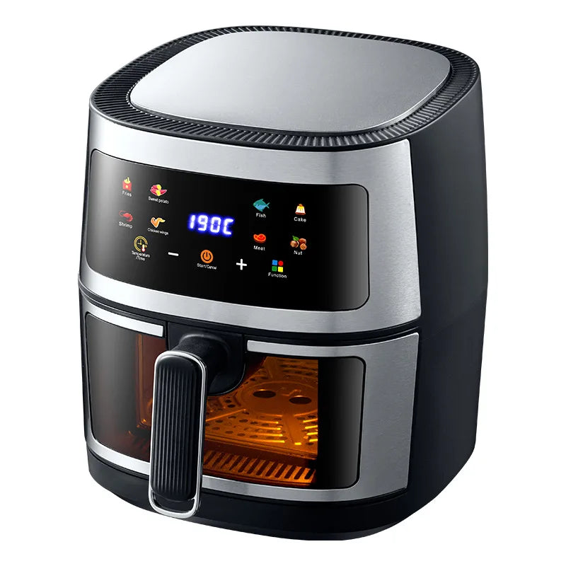 Freidora de aire eléctrica inteligente con pantalla táctil, de acero inoxidable, sin humo, de gran capacidad, para cocina doméstica, fácil de usar, antiadherente, de 8 litros.