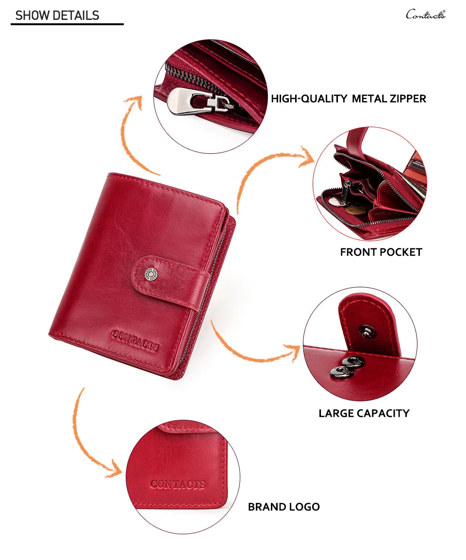 Carteras de cuero genuino Contact'S para mujer y hombre, cartera corta pequeña con bloqueo RFID, tarjetero, monedero rojo para mujer
