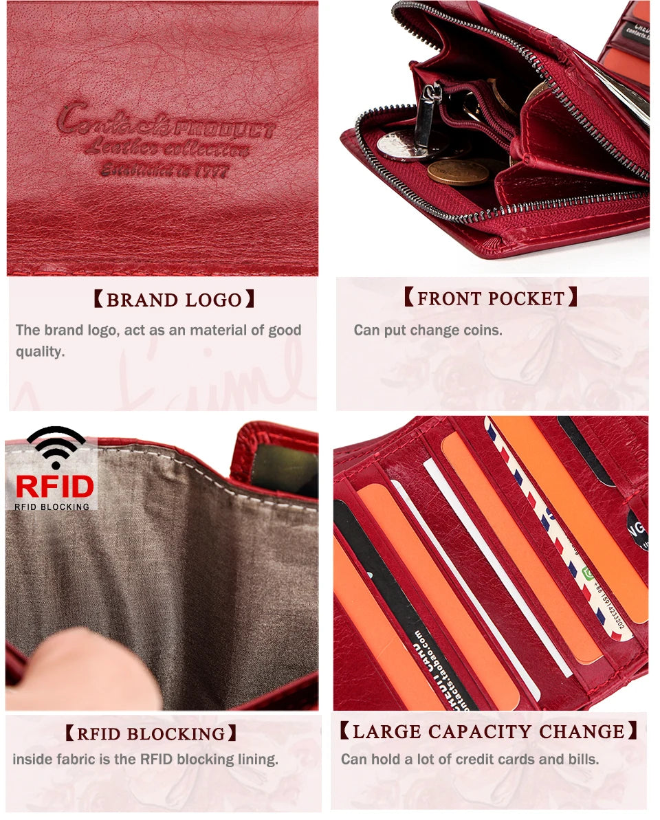 Carteras de cuero genuino Contact'S para mujer y hombre, cartera corta pequeña con bloqueo RFID, tarjetero, monedero rojo para mujer