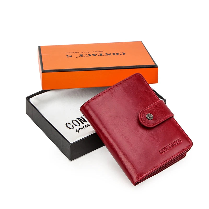 Carteras de cuero genuino Contact'S para mujer y hombre, cartera corta pequeña con bloqueo RFID, tarjetero, monedero rojo para mujer