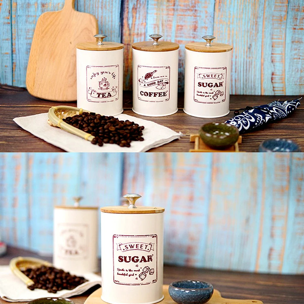 3 botes de estilo vintage para té, café y azúcar, de metal blanco retro, ideales para la cocina.
