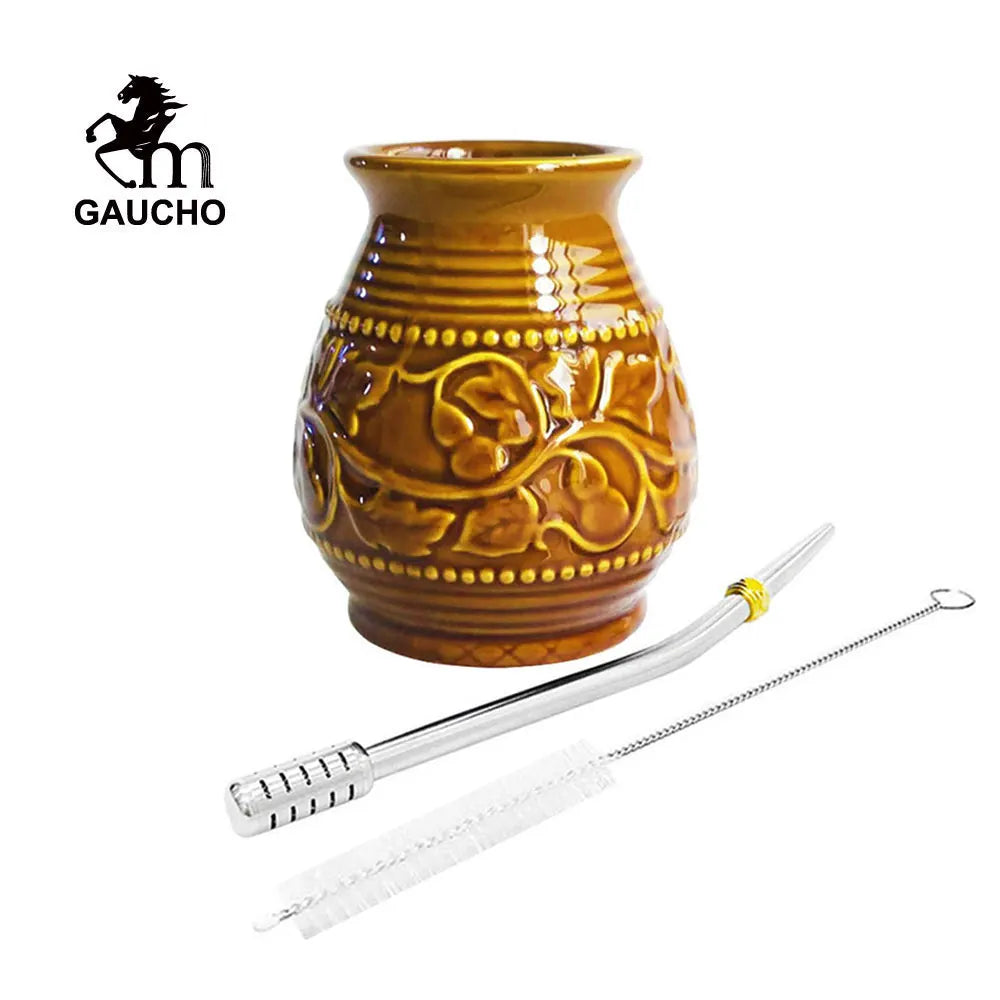 1 juego/lote de tazas de cerámica para yerba mate de 250 ml con relieve de calabaza. Incluye bombilla, filtro, pajita y cepillo de limpieza. ¡Gran oferta!