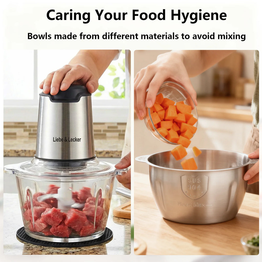 Procesador de alimentos de 2 velocidades, picadora de carne con 2 recipientes para carne, frutas, verduras, comida para bebés, frutos secos,