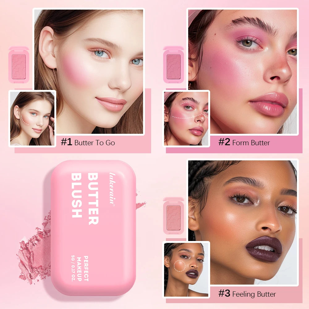 Colorete en polvo profesional de larga duración (12 horas), fórmula vegana. Colorete en polvo rosa crema de la paleta Bar Cosmetics.