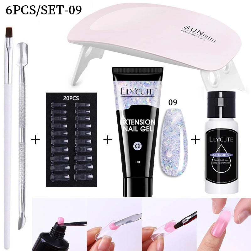 Kit de gel para extensión de uñas LILYCUTE de 15 ml, gel UV, acrílico, blanco, transparente, rosa, esmalte de uñas, lámpara LED, set de manicura para decoración de uñas.