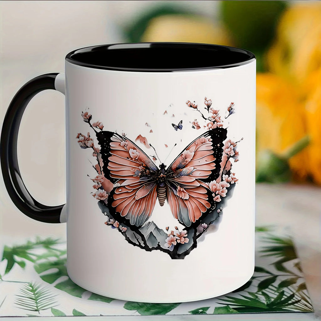Taza de cerámica con diseño floral de mariposas: elegante taza de café blanca con diseño de mariposas rosas y flores de cerezo, apta para microondas y reutilizable.