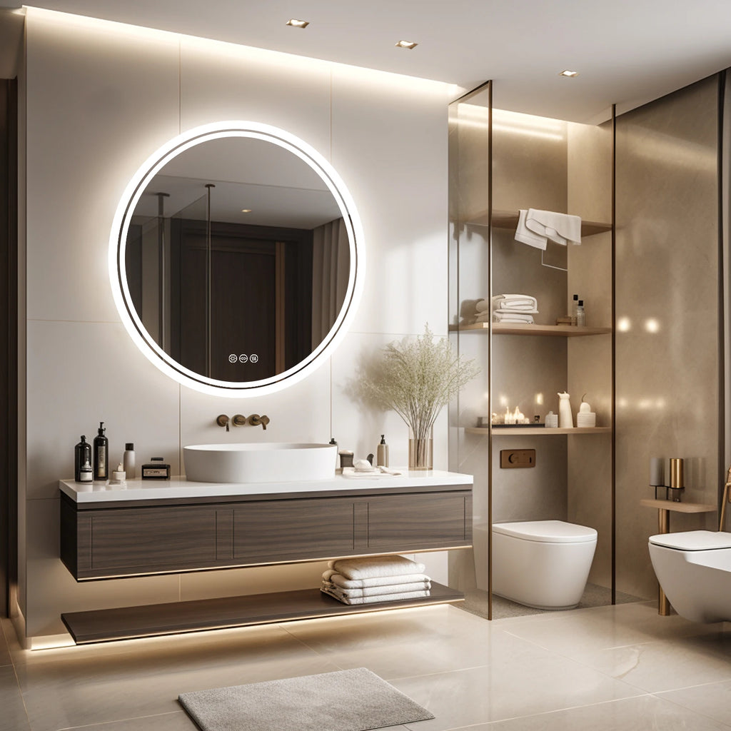 Espejo de baño con luces LED circulares retroiluminadas, espejo iluminado de pared, antivaho, 3 colores, IP65, regulable.