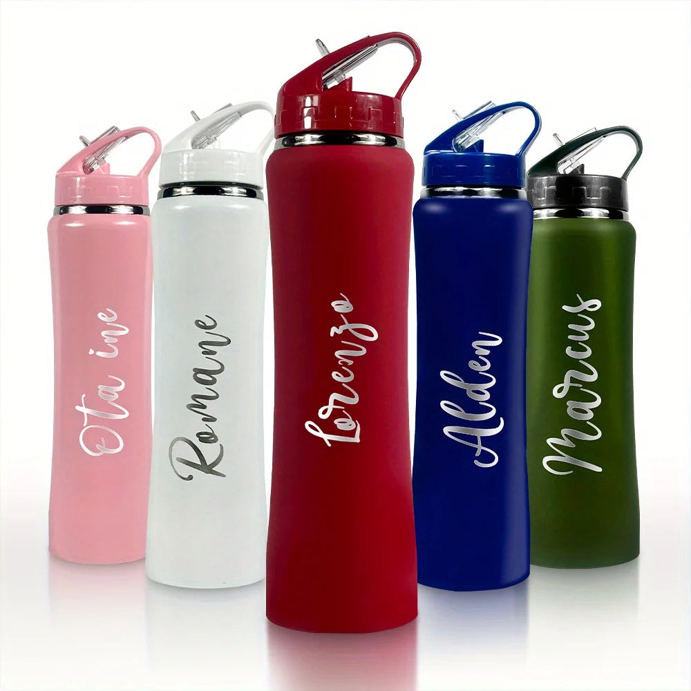 Botella de agua personalizada de acero inoxidable con aislamiento térmico y pajita - Botella grabada para fitness/ciclismo, regalo perfecto para hombres y mujeres.