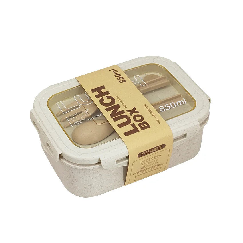 Caja de almuerzo de 1100ML para niños, escuela, adultos, oficina, de paja de trigo, apta para microondas, picnic, almacenamiento, portátil, gran caja bento con cuchara y palillos