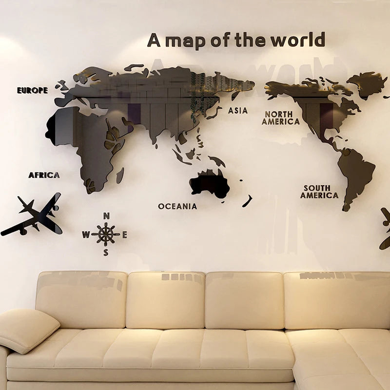 Pegatinas de pared acrílicas 3D con mapa del mundo, pegatinas de espejo tridimensionales, pegatinas decorativas para pared de dormitorio y oficina.