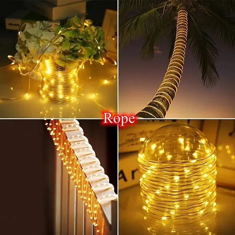 Tira de luces LED solares, tubo de cuerda, guirnalda de luces solares, decoración navideña para exteriores, jardín, césped, árbol, patio, valla.