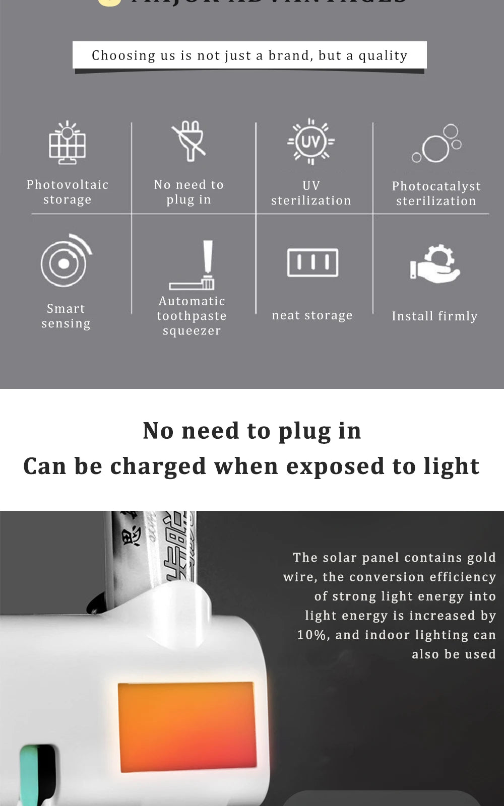 Soporte para cepillos de dientes, dispensador de pasta de dientes, energía solar, caja de almacenamiento para cepillos de dientes de baño, soporte de almacenamiento multifunción, carga USB.