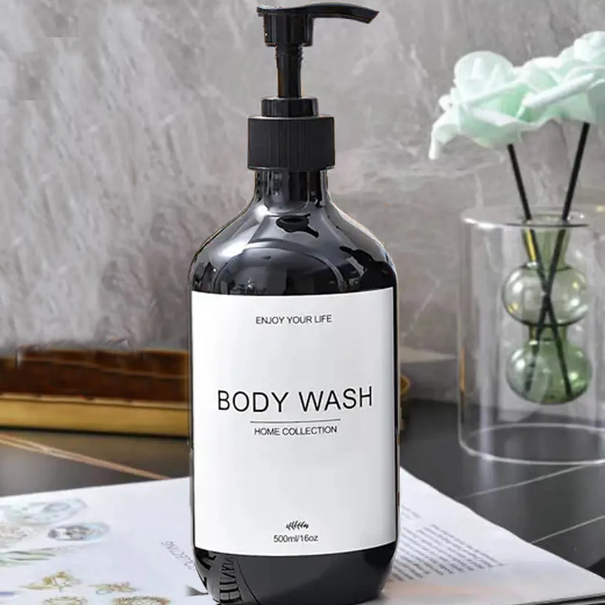 Juego de dispensadores de champú para baño de 500 ml, botellas de acondicionador y gel de ducha recargables, dispensador con decoración rústica, botellas de almacenamiento.