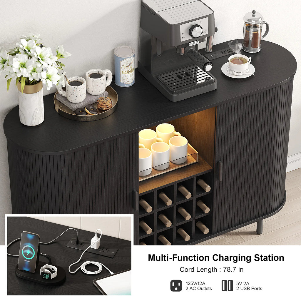 Wine Bar Cabinet w/ LED Light,Liquor Cabinet for Home,Coffee Bar Cabinet w/ Wine Rack & Glass Holder,Walnut Buffet Sideboard